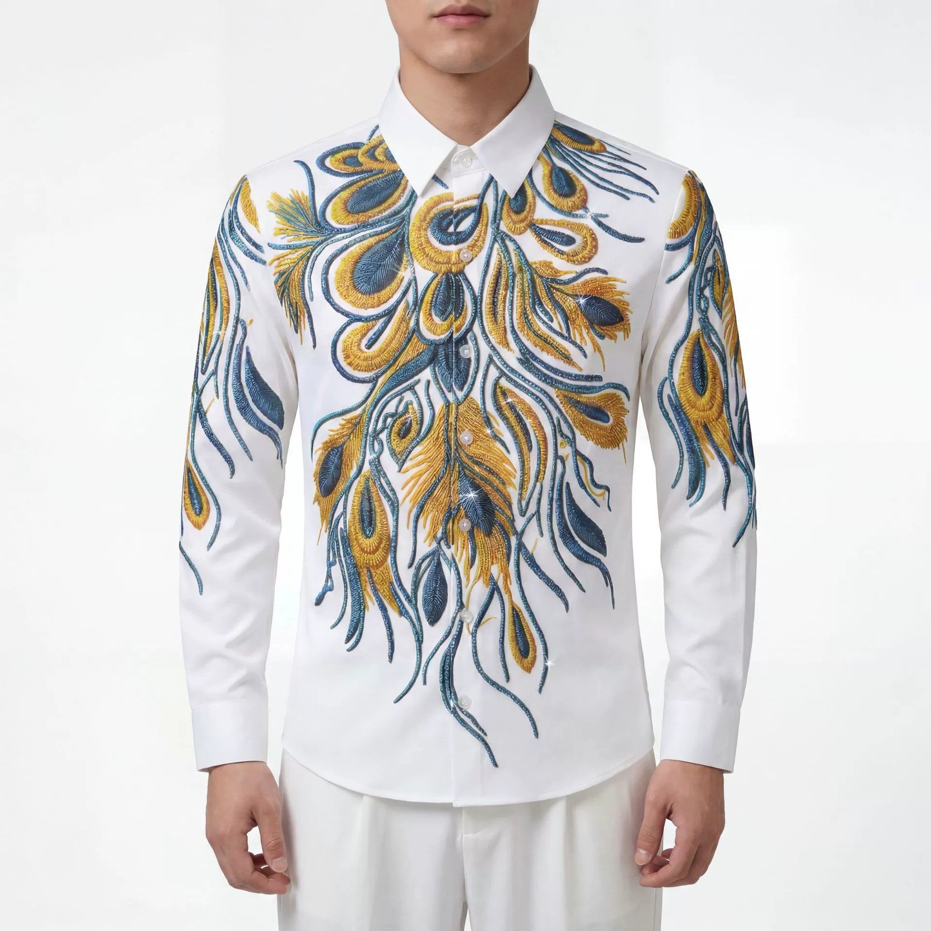 Premium Blue Gold Peacock Rhinestone Digital Print Shirt — wholesale men's shirt from AUTOCNEX