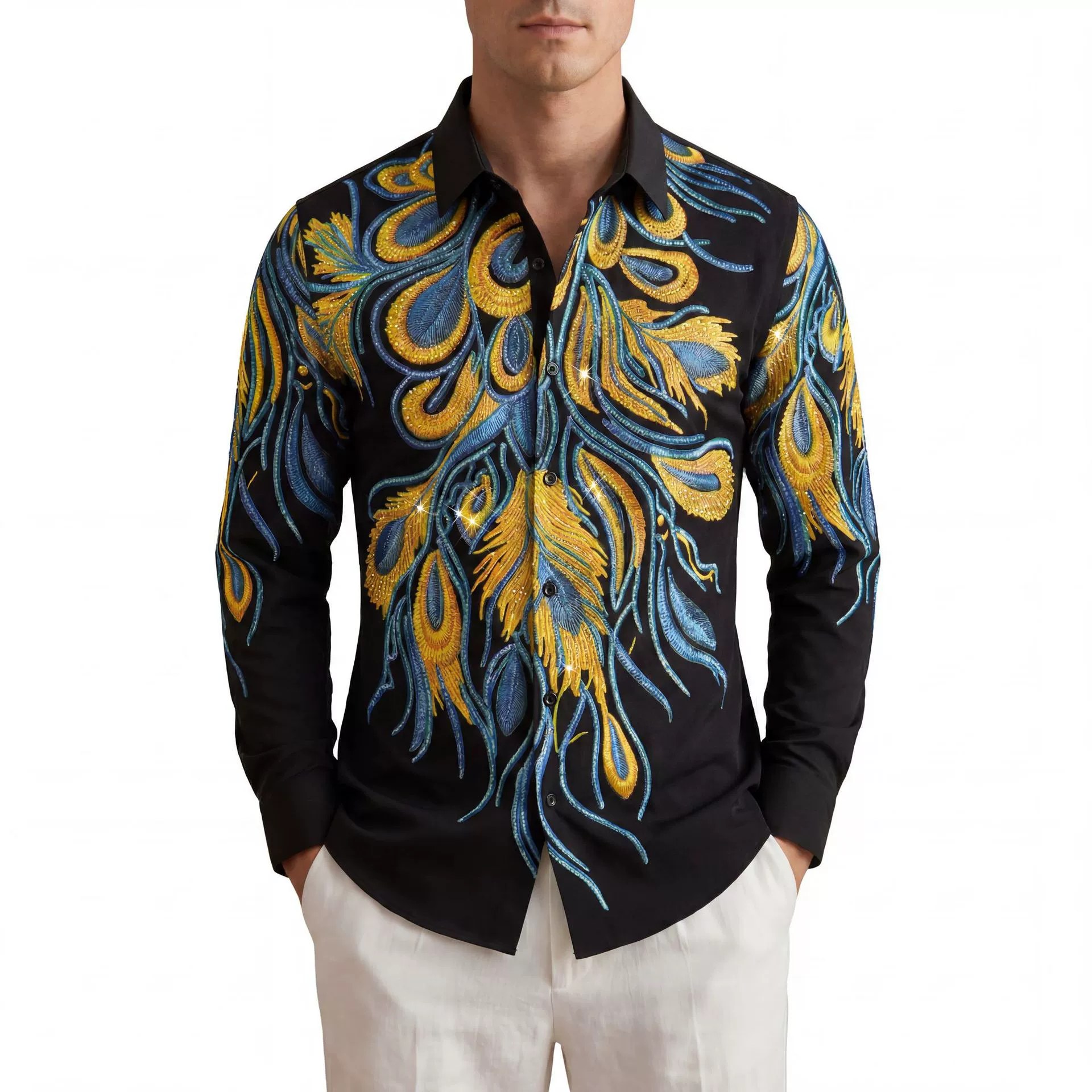 Premium Blue Gold Peacock Rhinestone Digital Print Shirt view 2