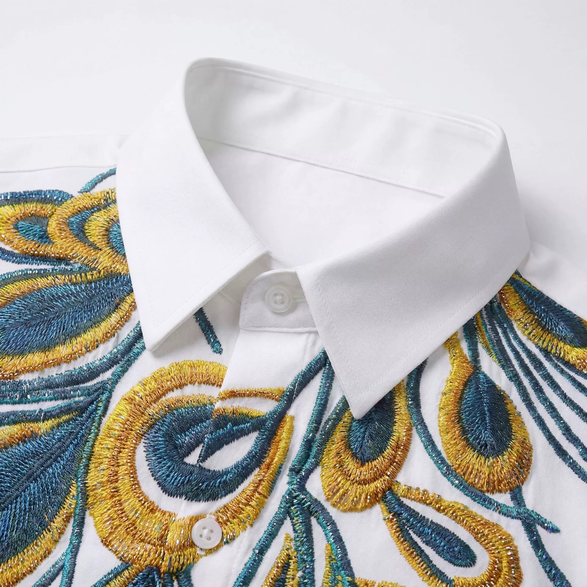Premium Blue Gold Peacock Rhinestone Digital Print Shirt view 3