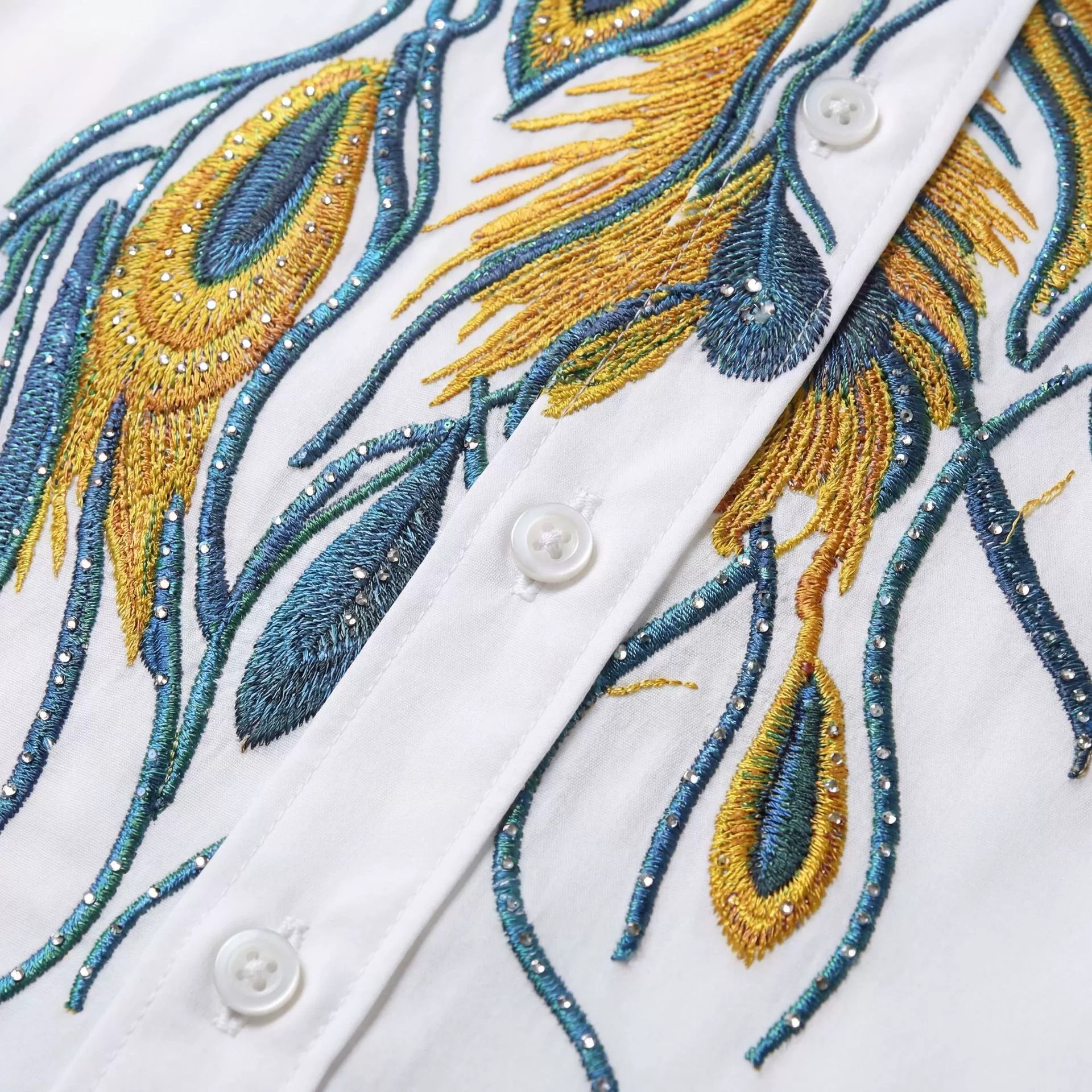 Premium Blue Gold Peacock Rhinestone Digital Print Shirt view 4