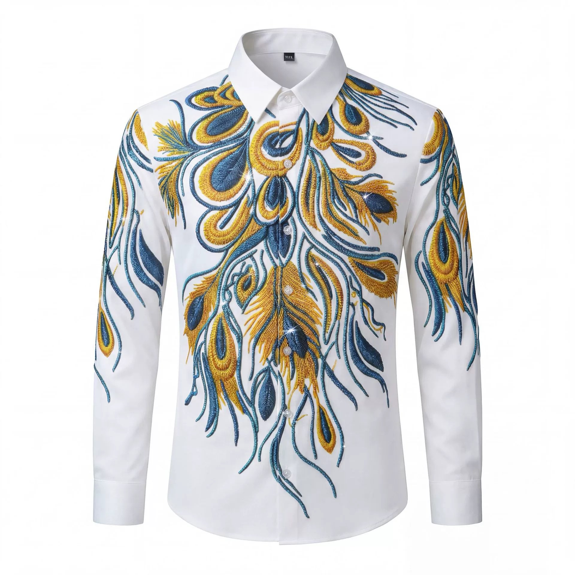 Premium Blue Gold Peacock Rhinestone Digital Print Shirt view 5