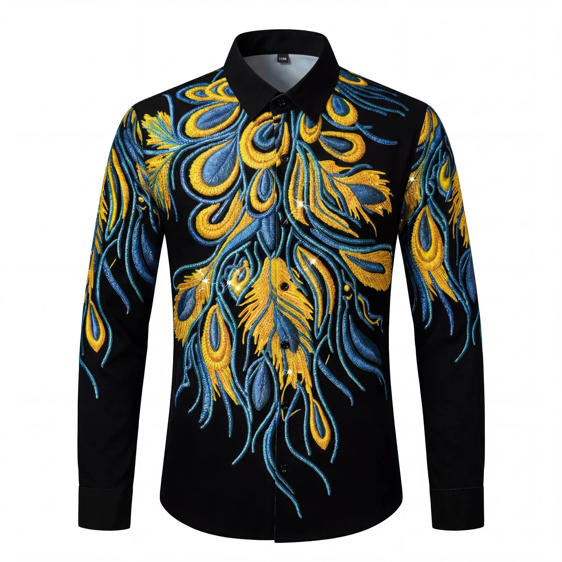 Premium Blue Gold Peacock Rhinestone Digital Print Shirt view 7
