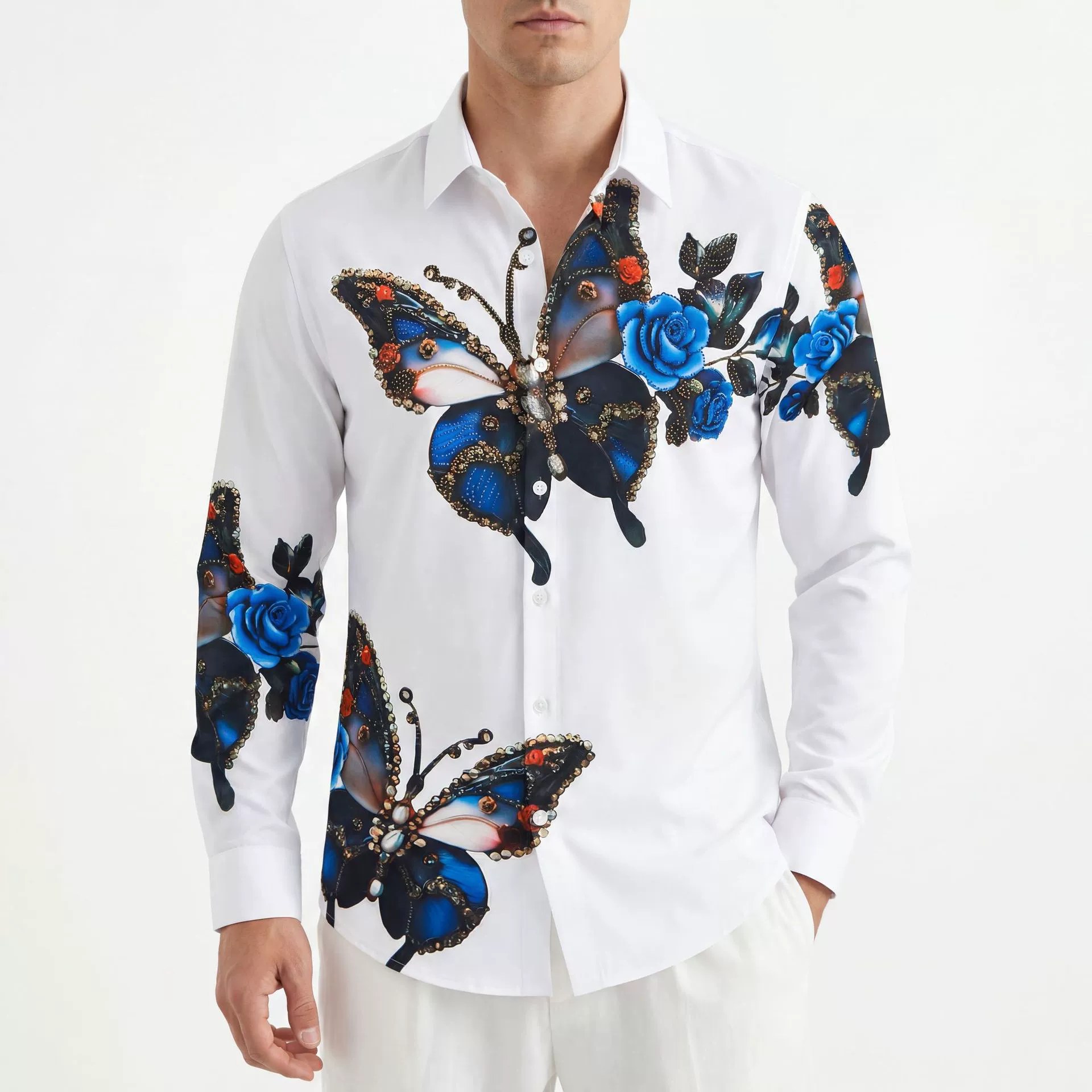 Premium Floral Butterfly Rhinestone Digital Print Shirt — wholesale men's shirt from AUTOCNEX