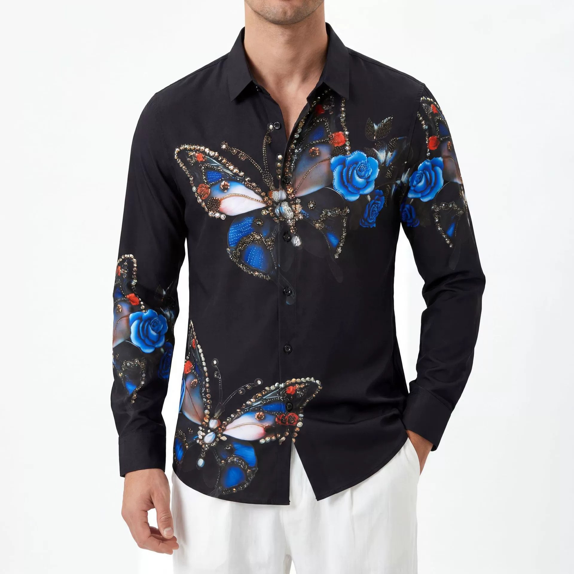 Premium Floral Butterfly Rhinestone Digital Print Shirt view 2