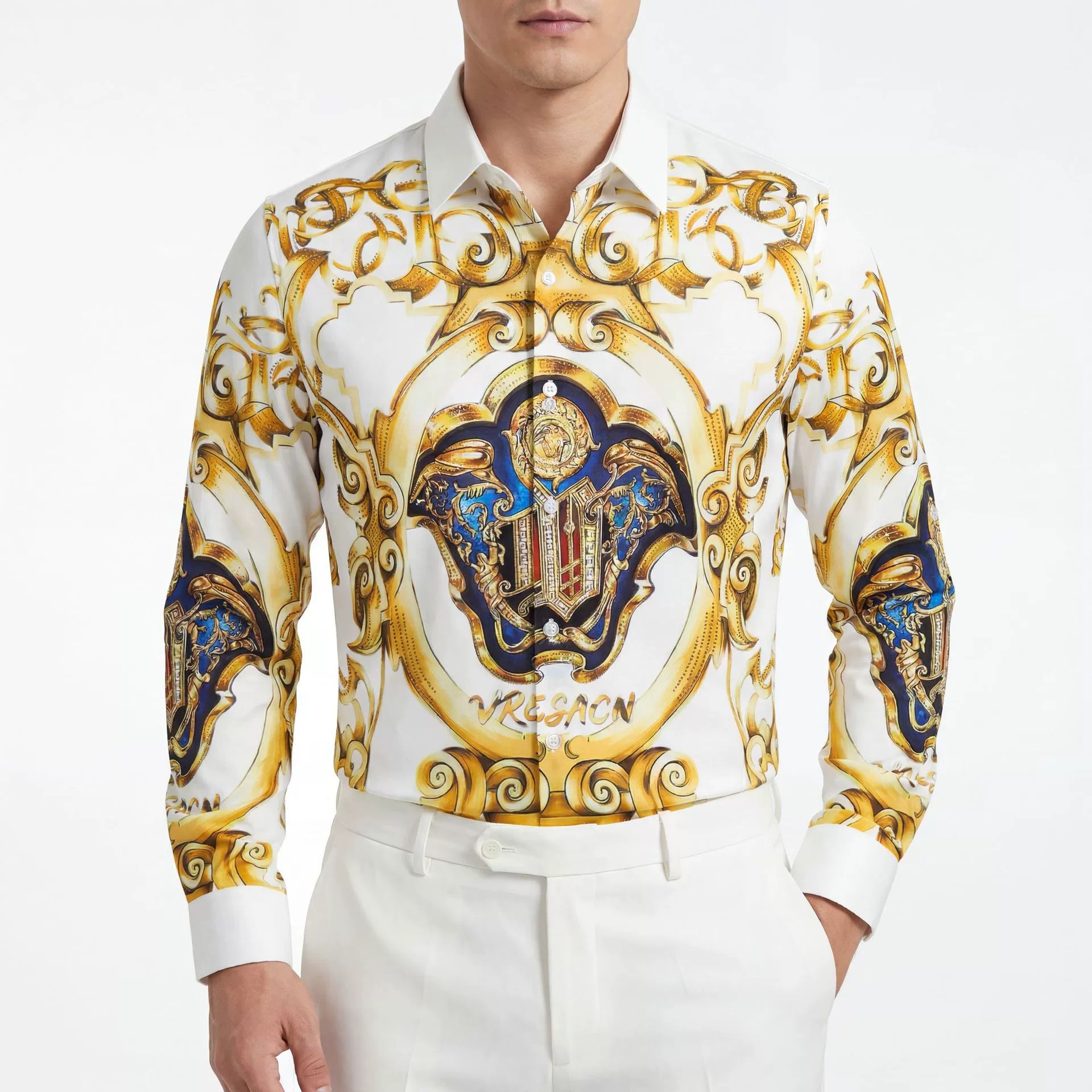 Premium European Royal Rhinestone Digital Print Long Sleeve Shirt — wholesale men's shirt from AUTOCNEX