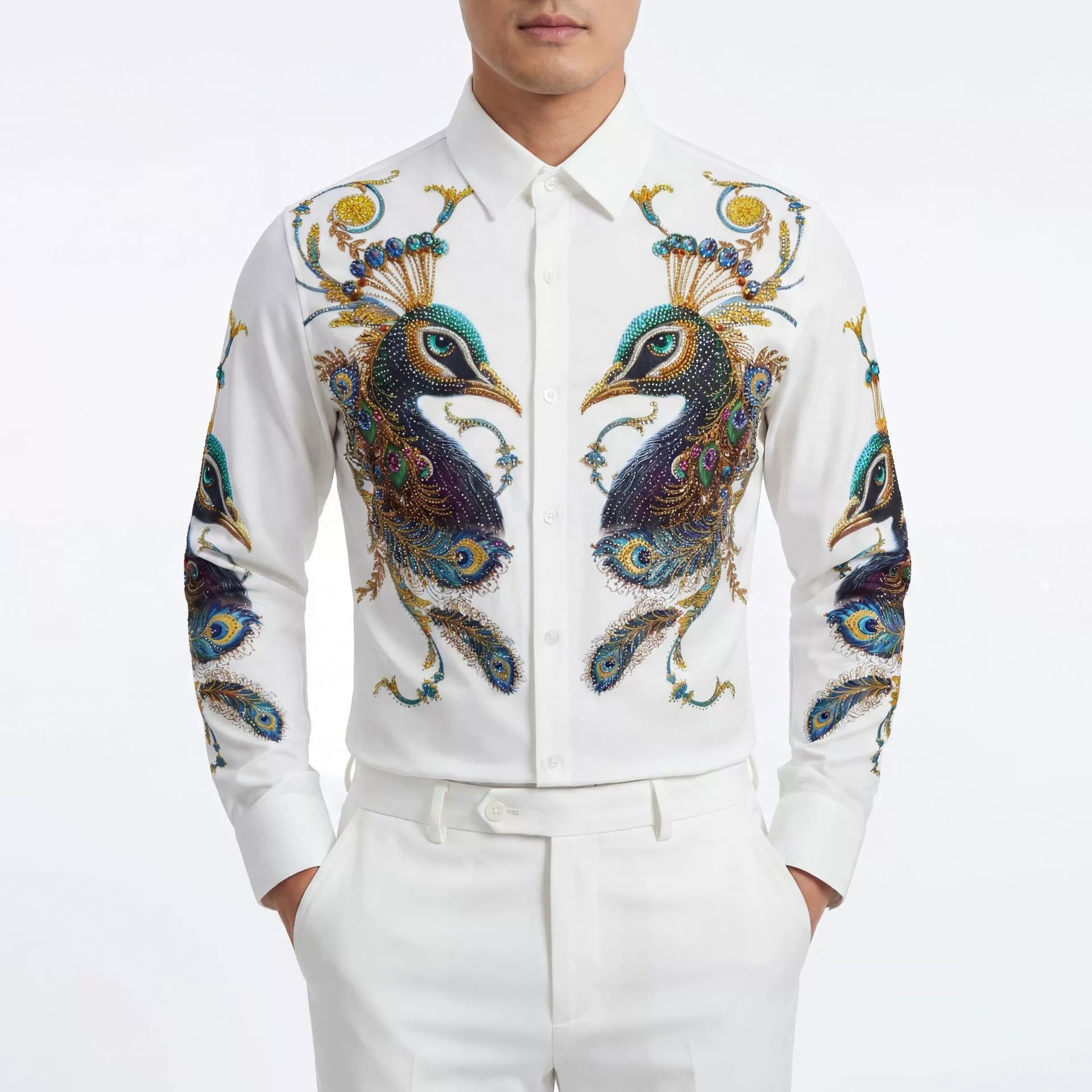 Premium Peacock Feather Rhinestone Digital Print Shirt — wholesale men's shirt from AUTOCNEX