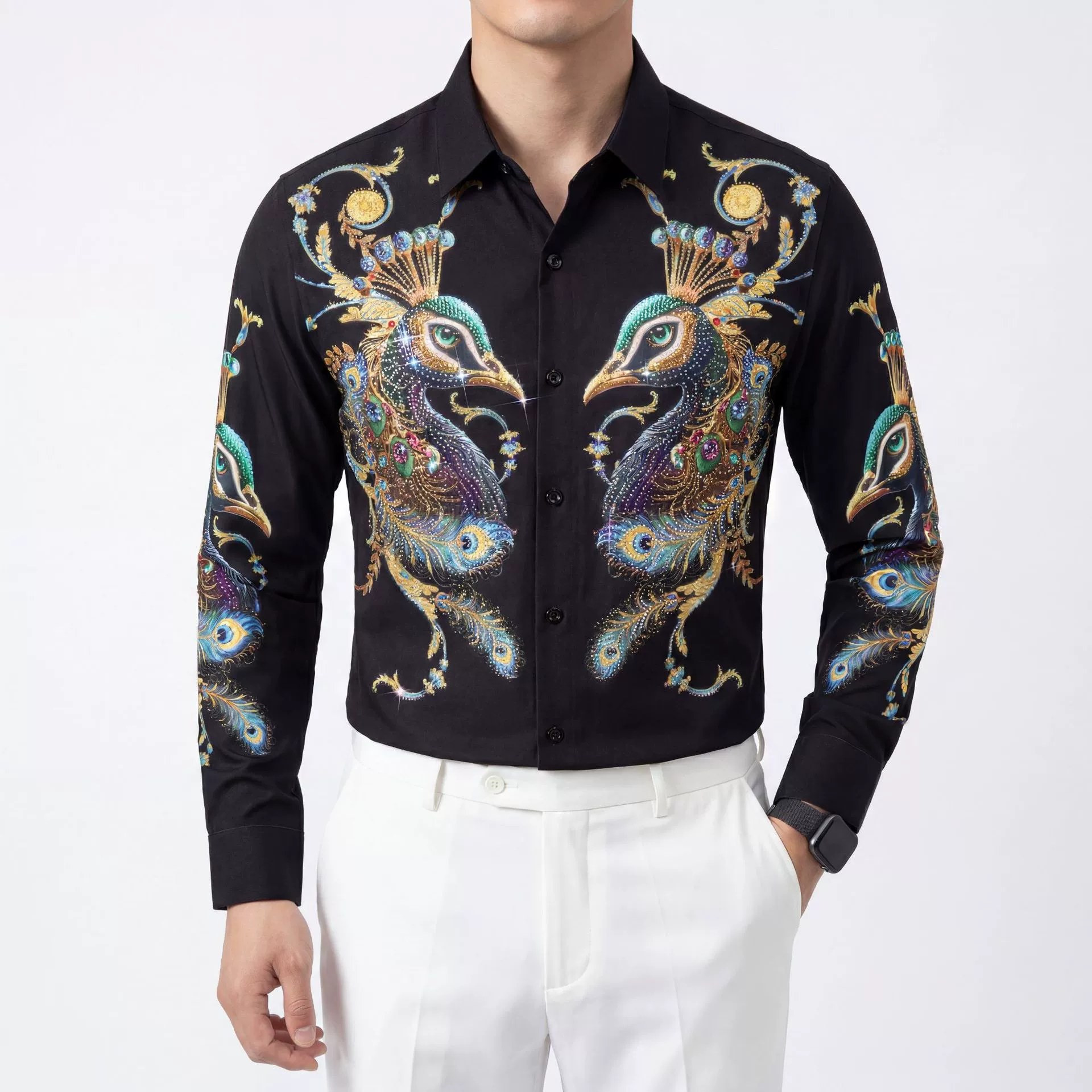 Premium Peacock Feather Rhinestone Digital Print Shirt view 2