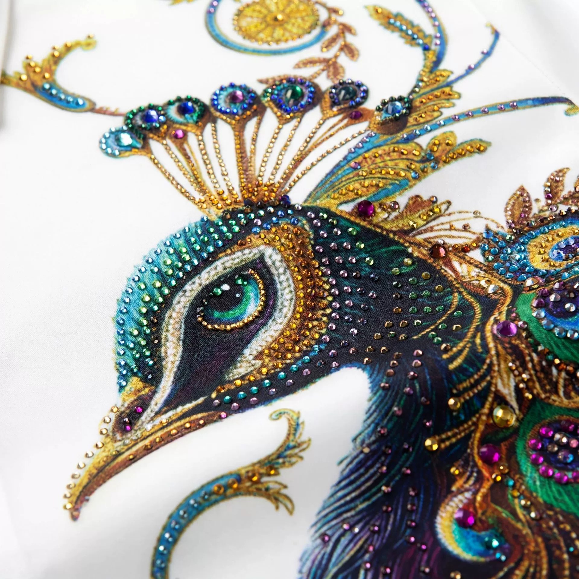 Premium Peacock Feather Rhinestone Digital Print Shirt view 3