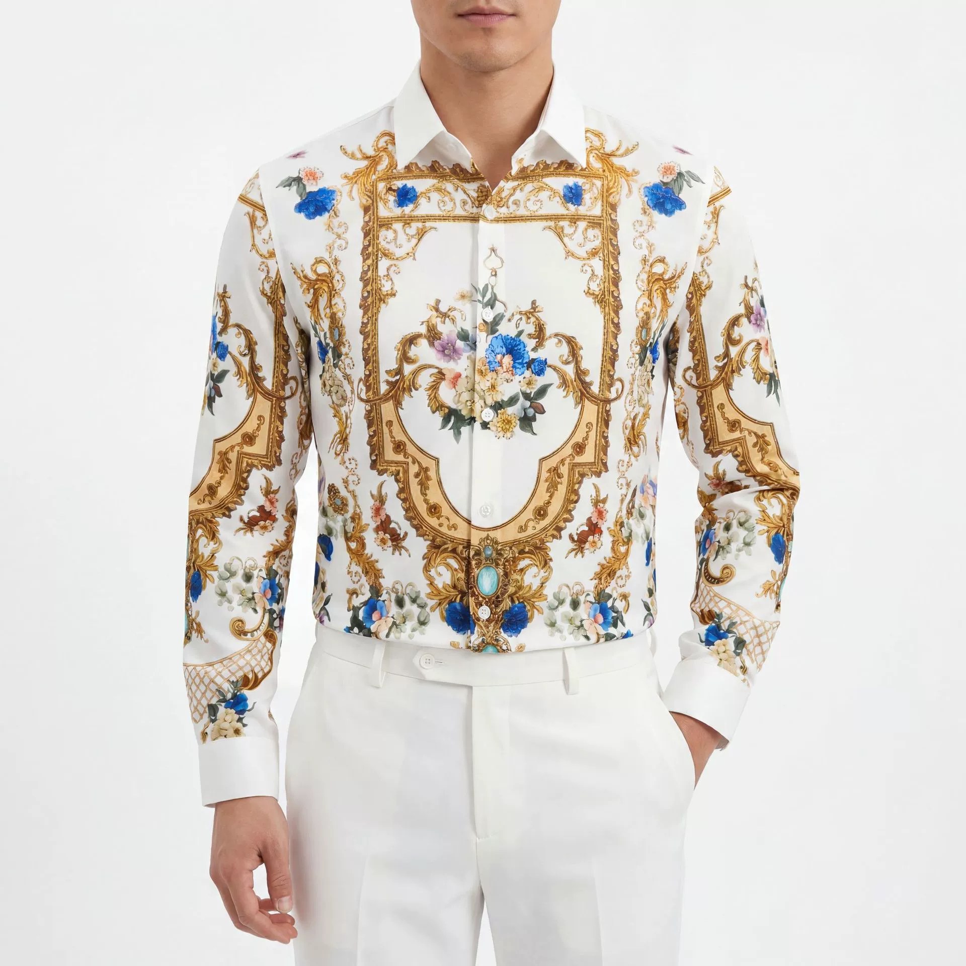 Premium Golden Shield Rhinestone Digital Print Shirt — wholesale men's shirt from AUTOCNEX