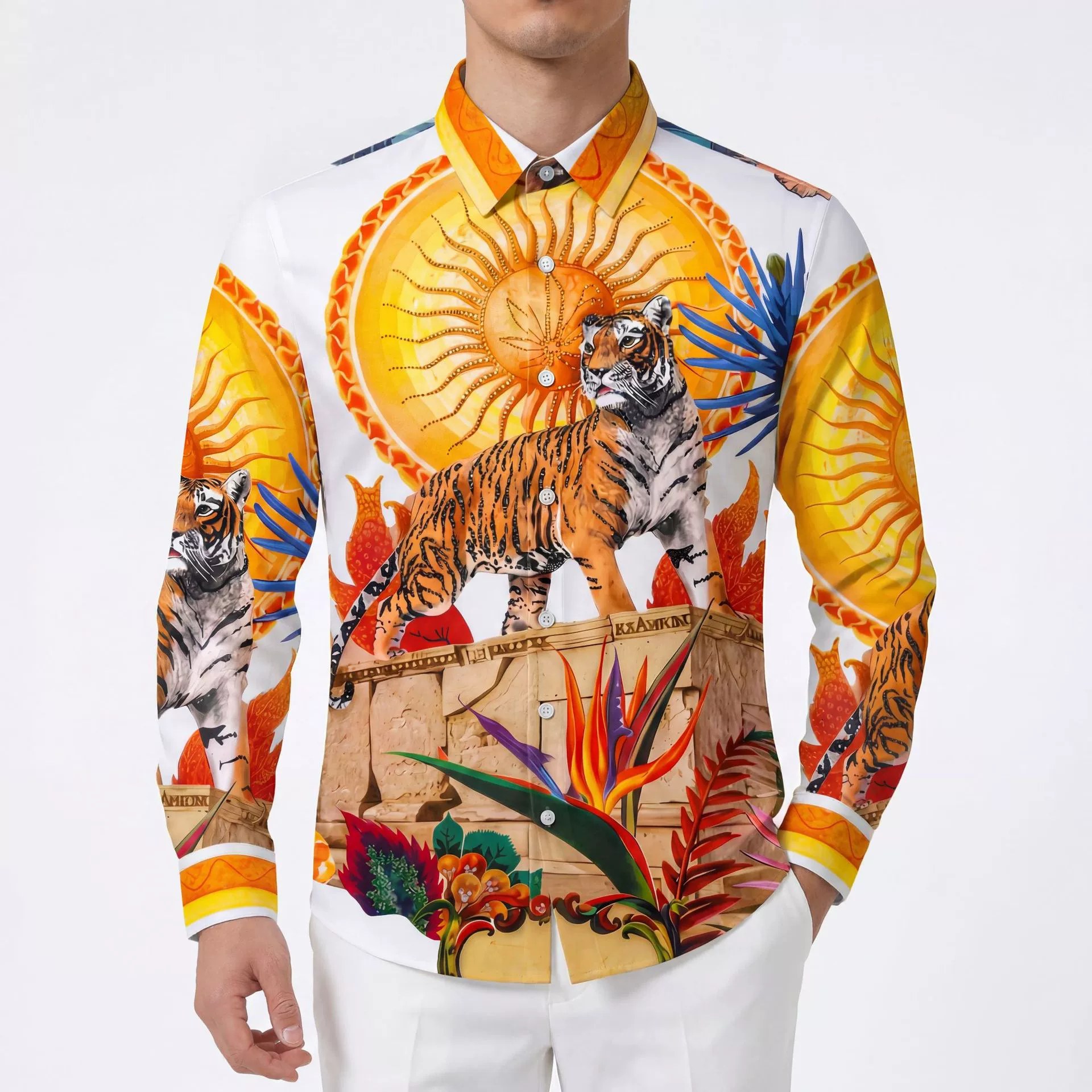 Premium Tiger Rhinestone Digital Print Long Sleeve Shirt — wholesale men's shirt from AUTOCNEX