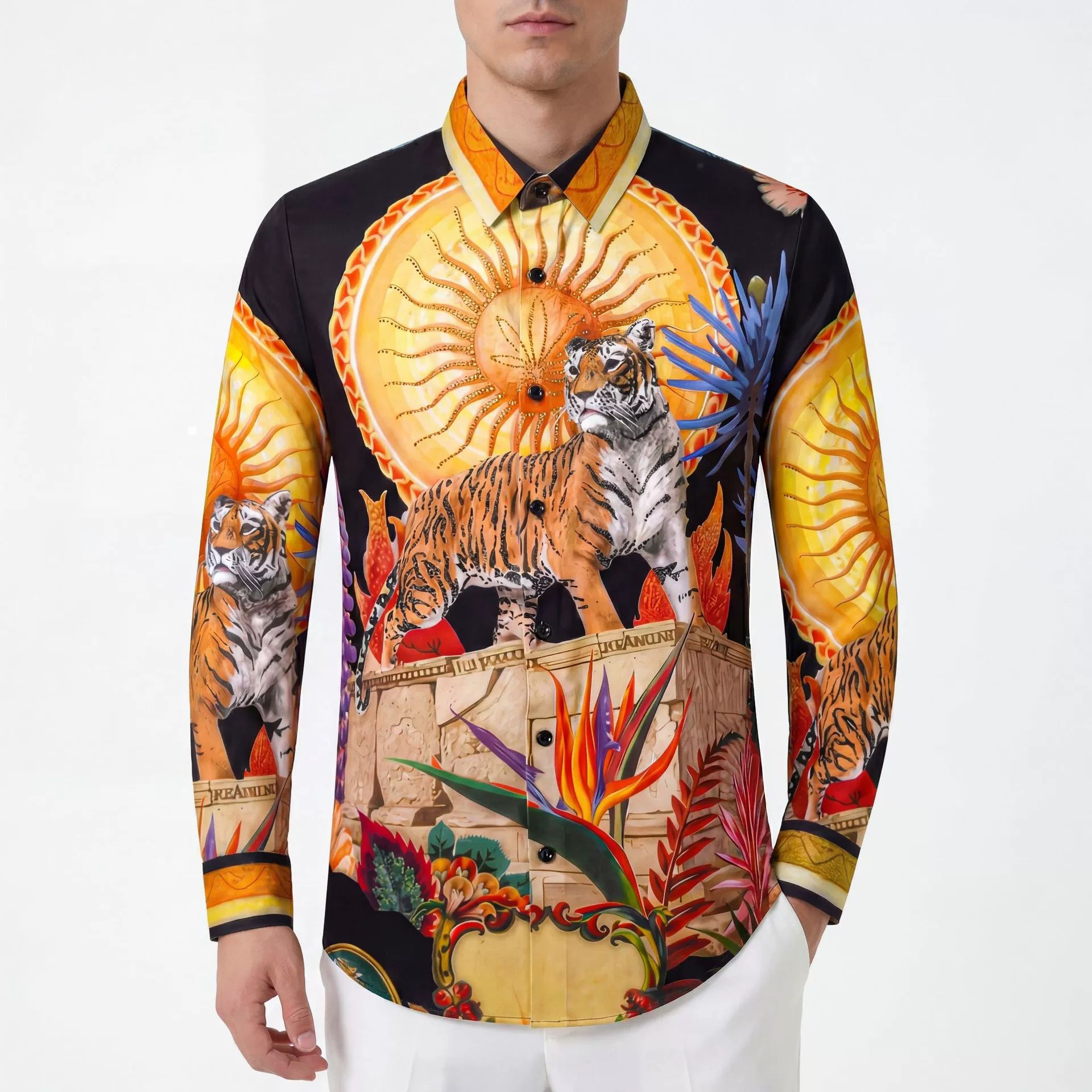 Premium Tiger Rhinestone Digital Print Long Sleeve Shirt view 2