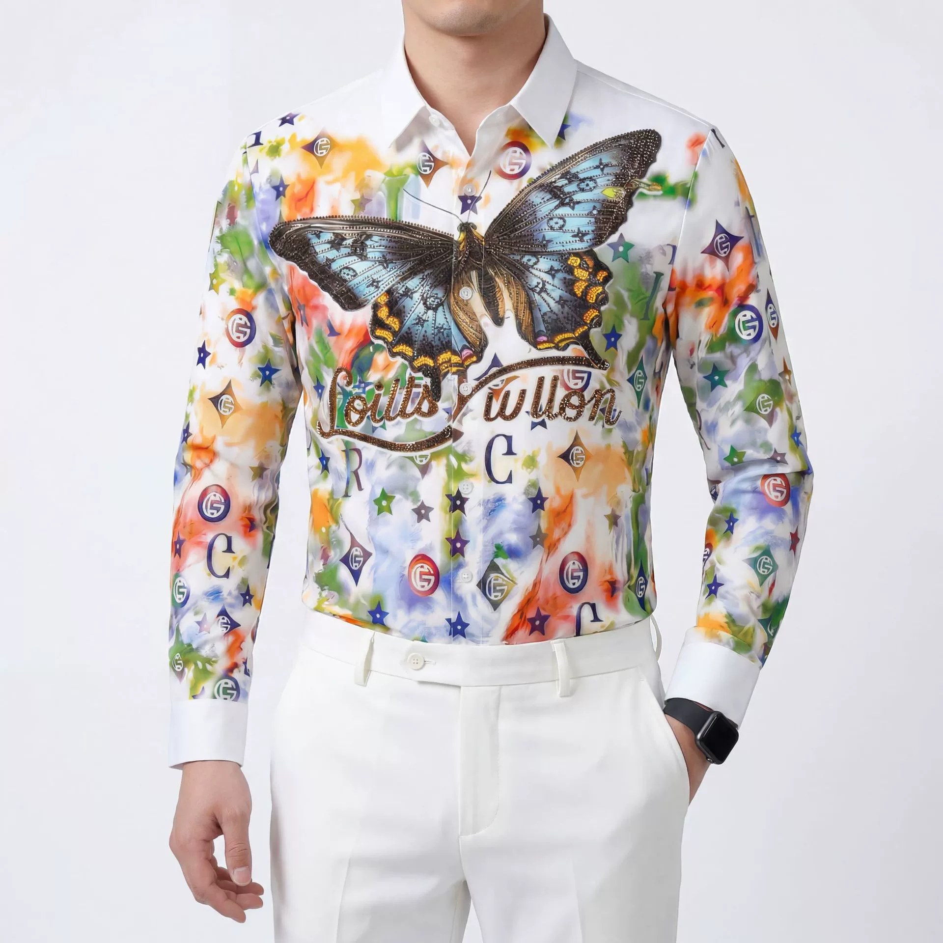 Premium Butterfly Rhinestone Digital Print Shirt — wholesale men's shirt from AUTOCNEX