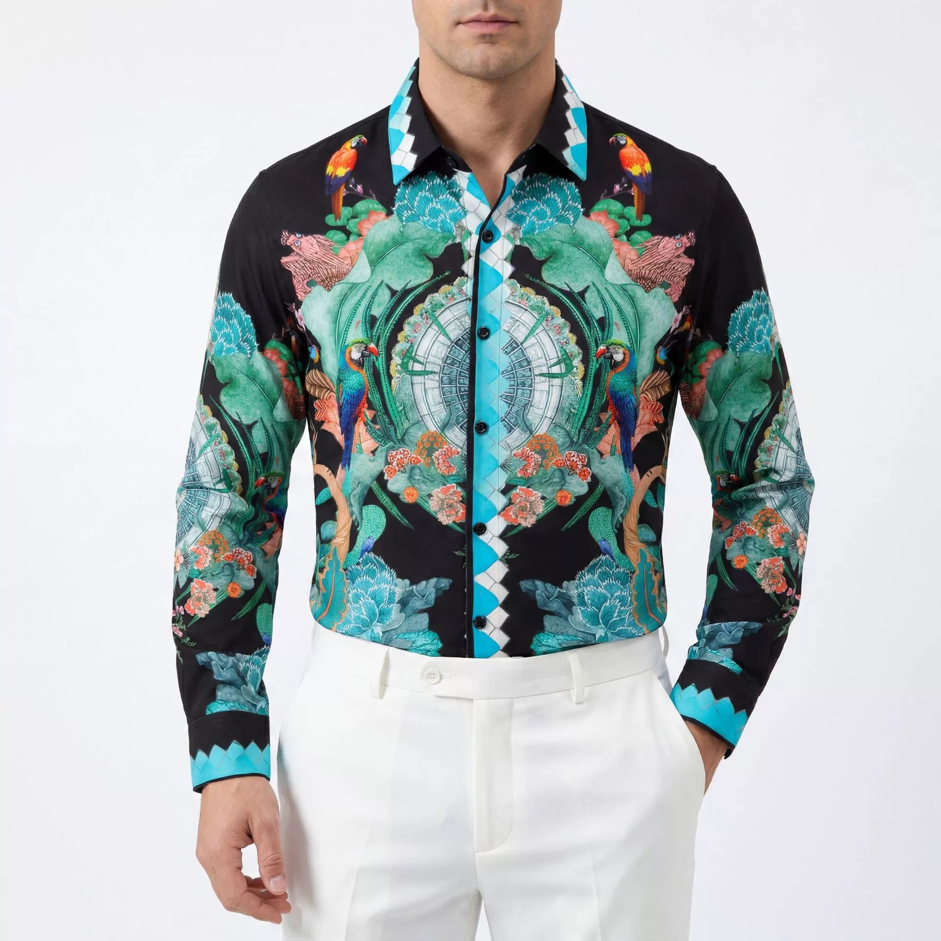 Premium Floral Bird Rhinestone Digital Print Long Sleeve Shirt — wholesale men's shirt from AUTOCNEX