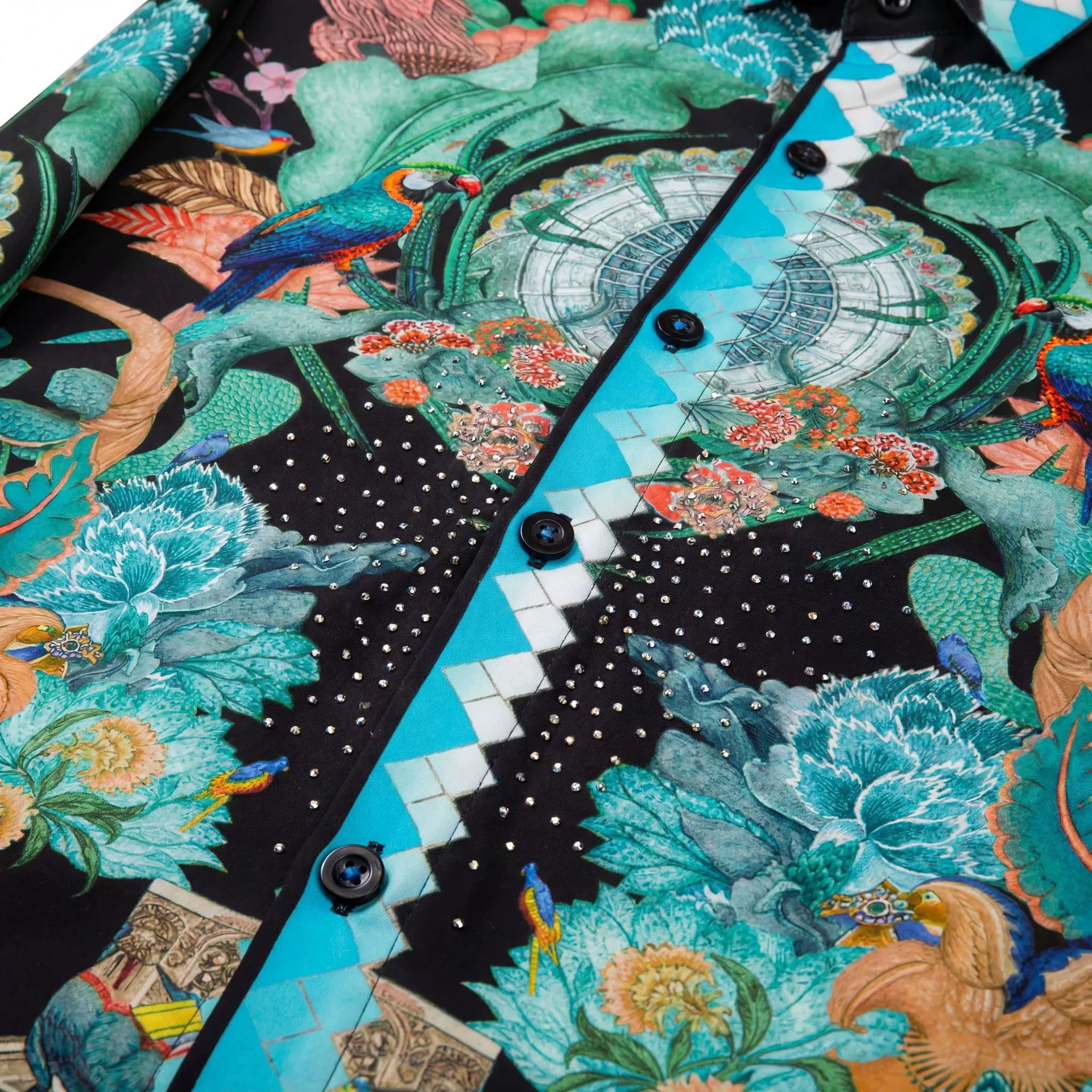 Camisa de manga larga con estampado digital de pájaro y flores con pedrería premium view 4