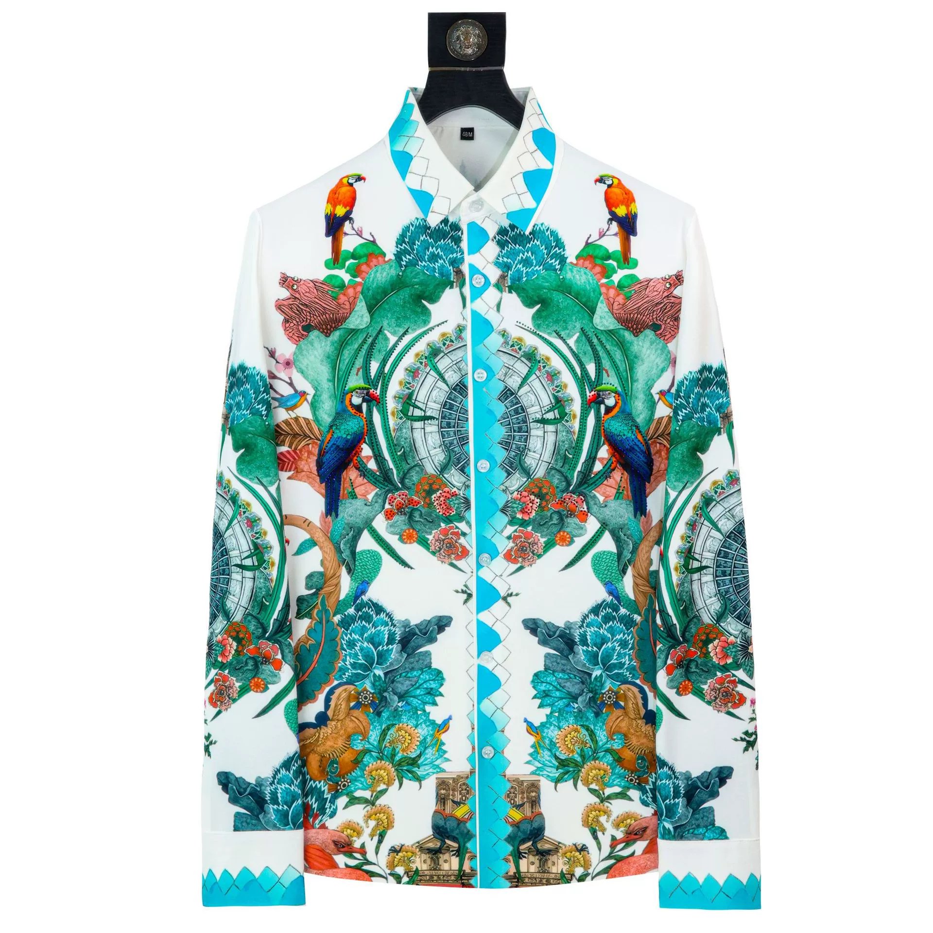 Camisa de manga larga con estampado digital de pájaro y flores con pedrería premium view 6