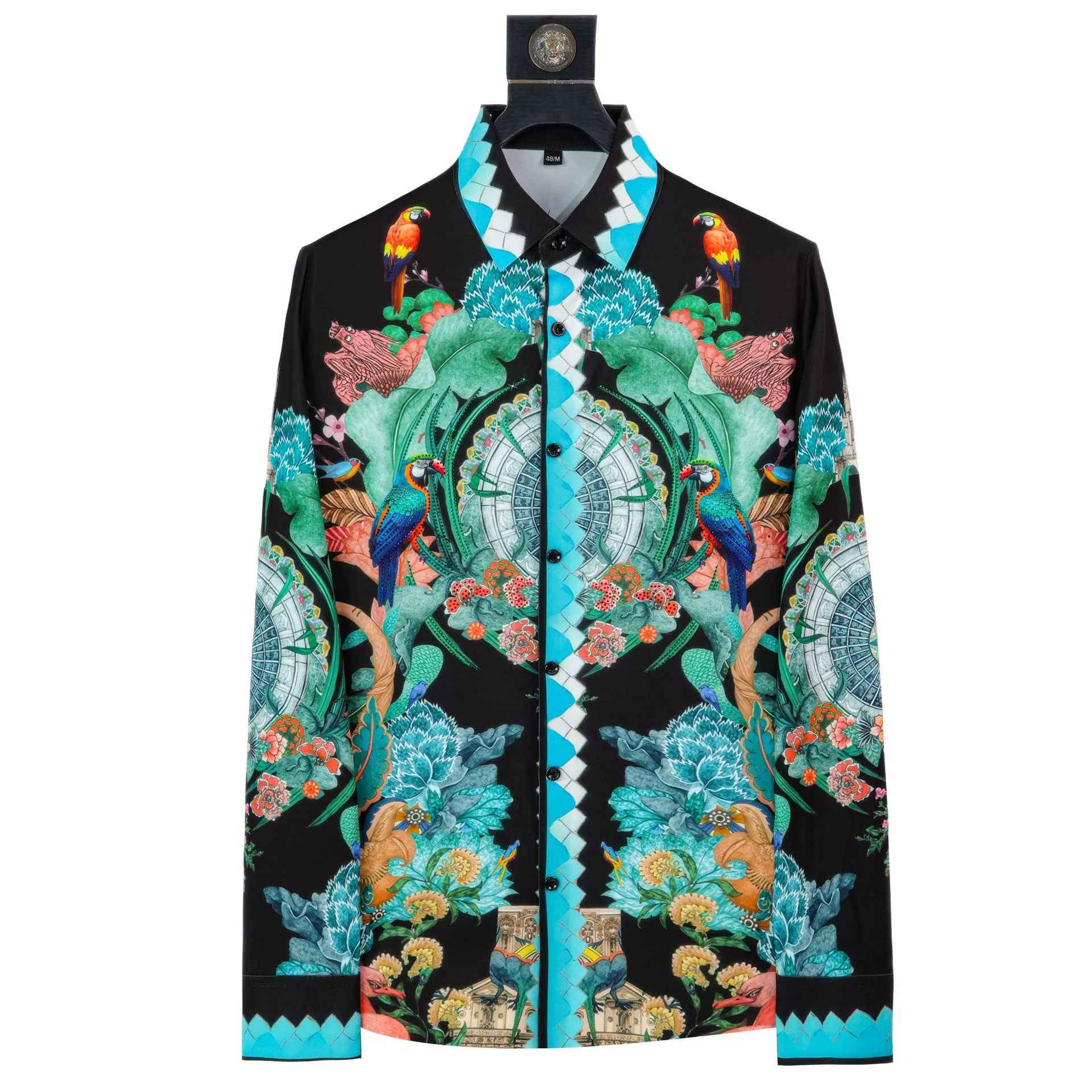 Camisa de manga larga con estampado digital de pájaro y flores con pedrería premium view 7
