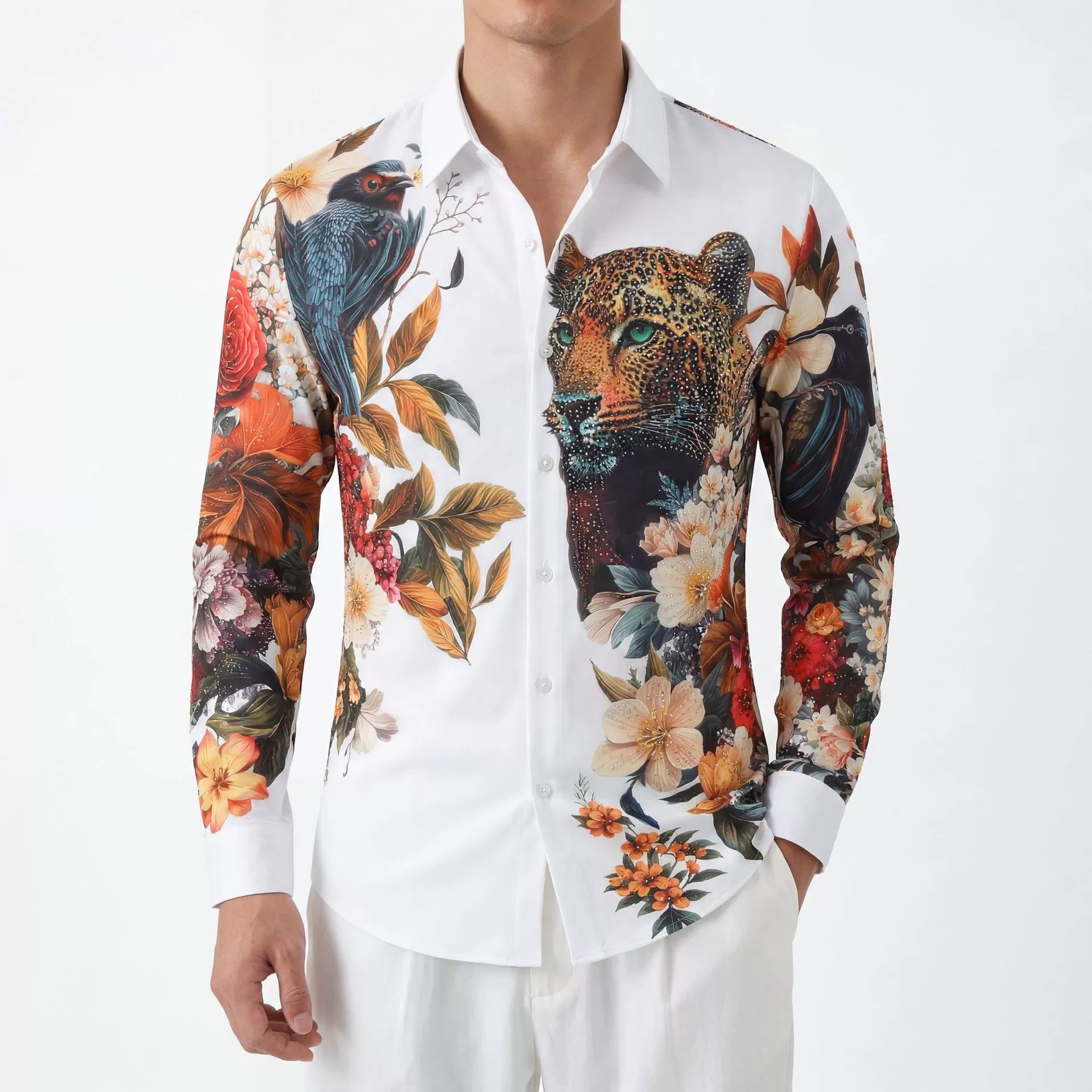 Premium Leopard Rhinestone Digital Print Long Sleeve Shirt — wholesale men's shirt from AUTOCNEX