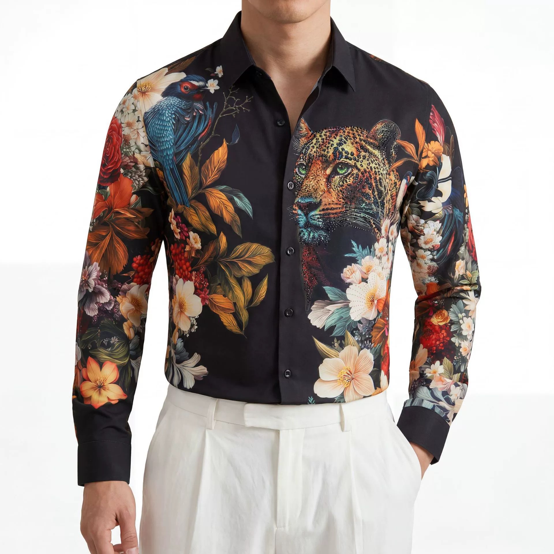 Premium Leopard Rhinestone Digital Print Long Sleeve Shirt view 2