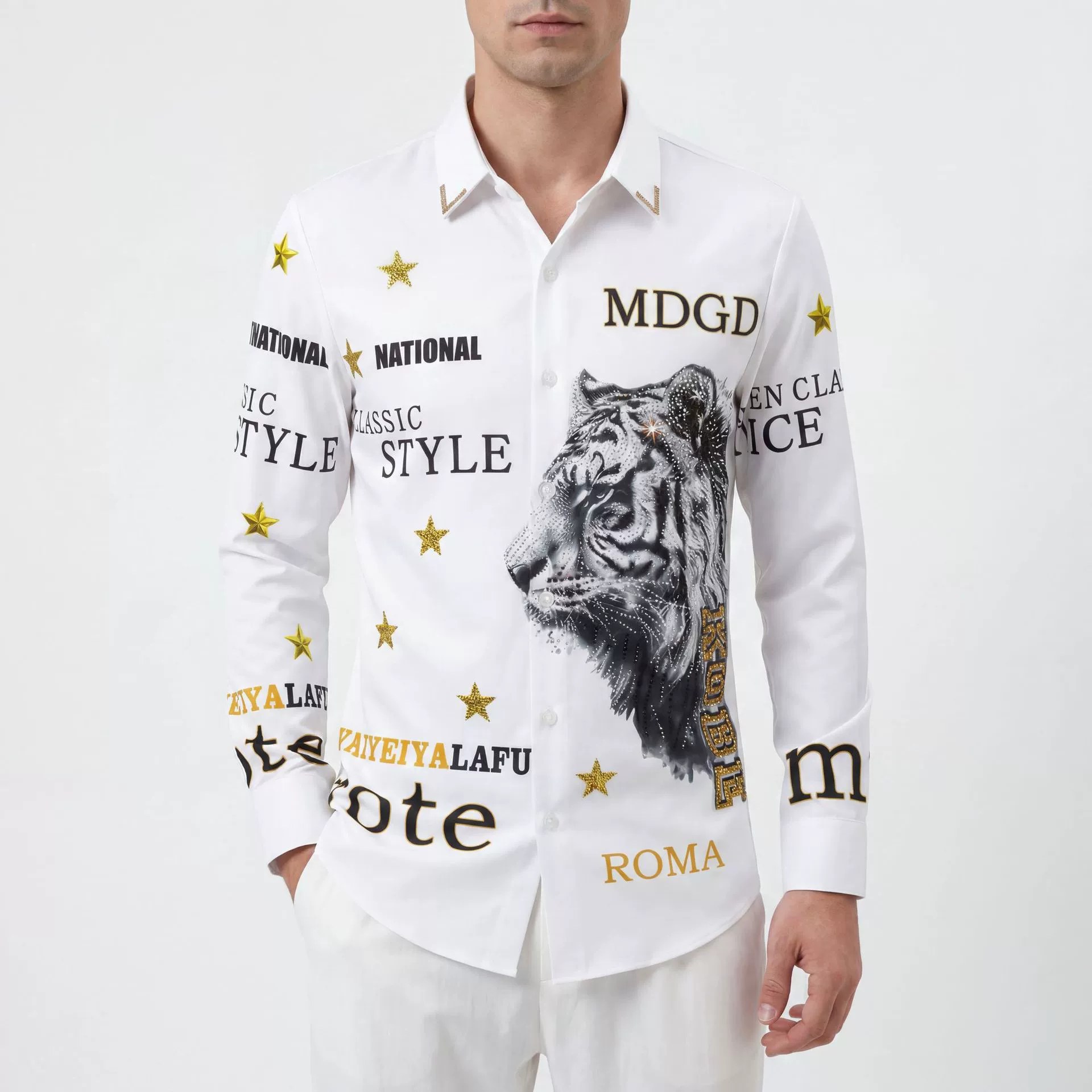 Premium Tiger Letter Rhinestone Digital Print Long Sleeve Shirt — wholesale men's shirt from AUTOCNEX
