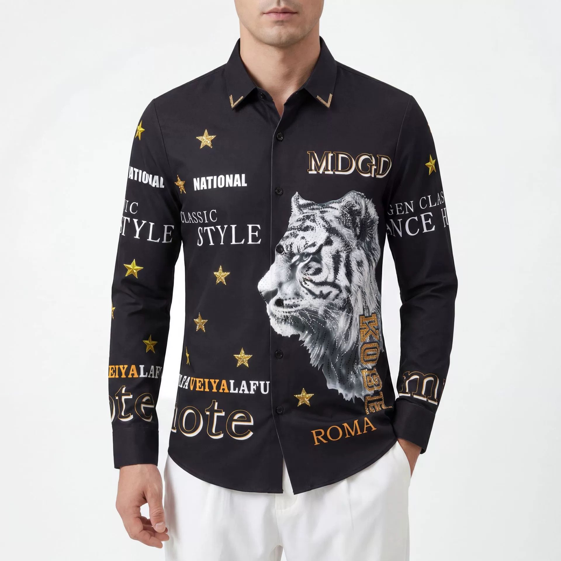 Premium Tiger Letter Rhinestone Digital Print Long Sleeve Shirt view 2