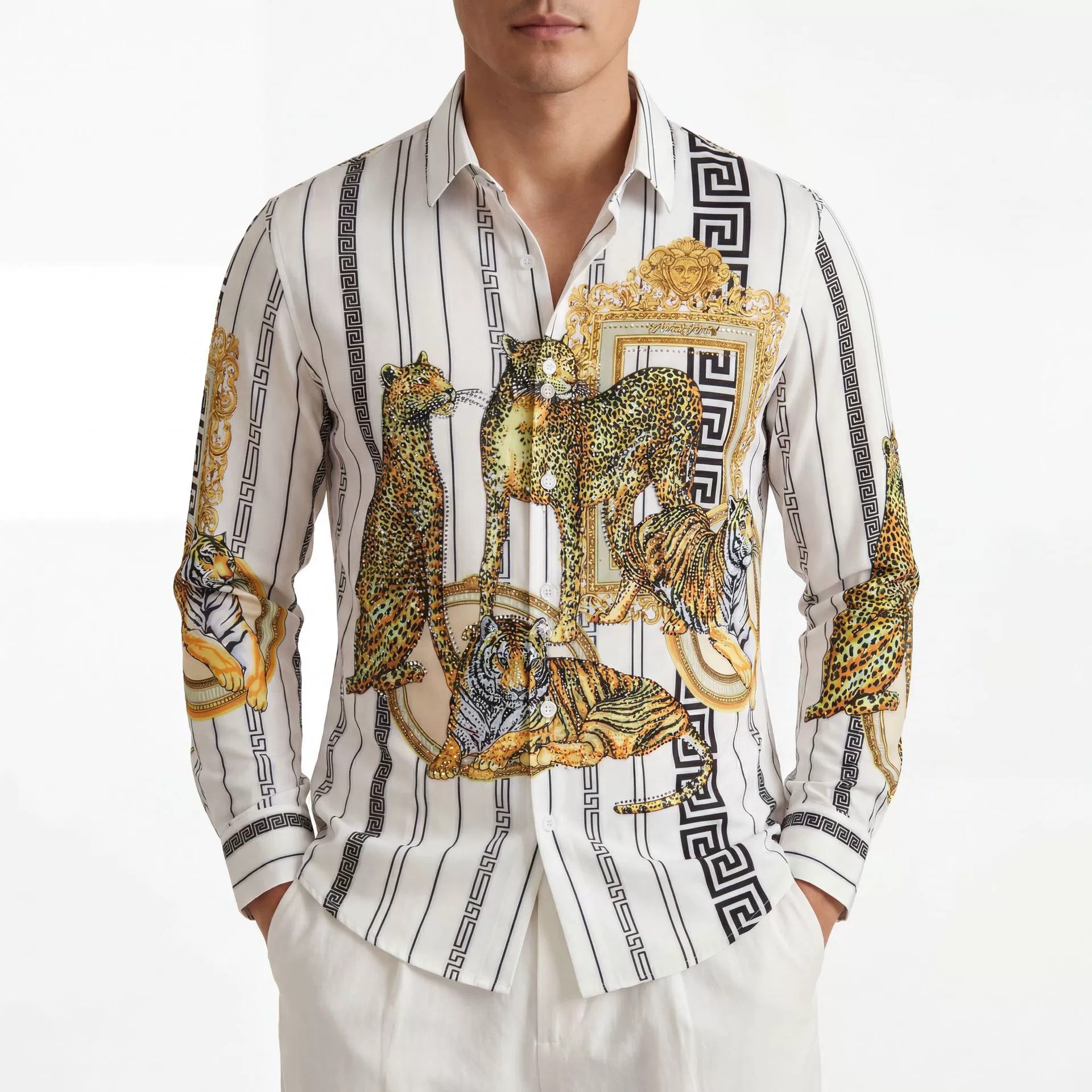 Premium Golden Beast Rhinestone Digital Print Shirt — wholesale men's shirt from AUTOCNEX