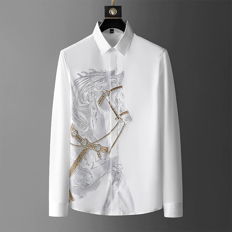 Streetwear Slim Fit Printed Rhinestone Long Sleeve Shirt — wholesale men's shirt from AUTOCNEX