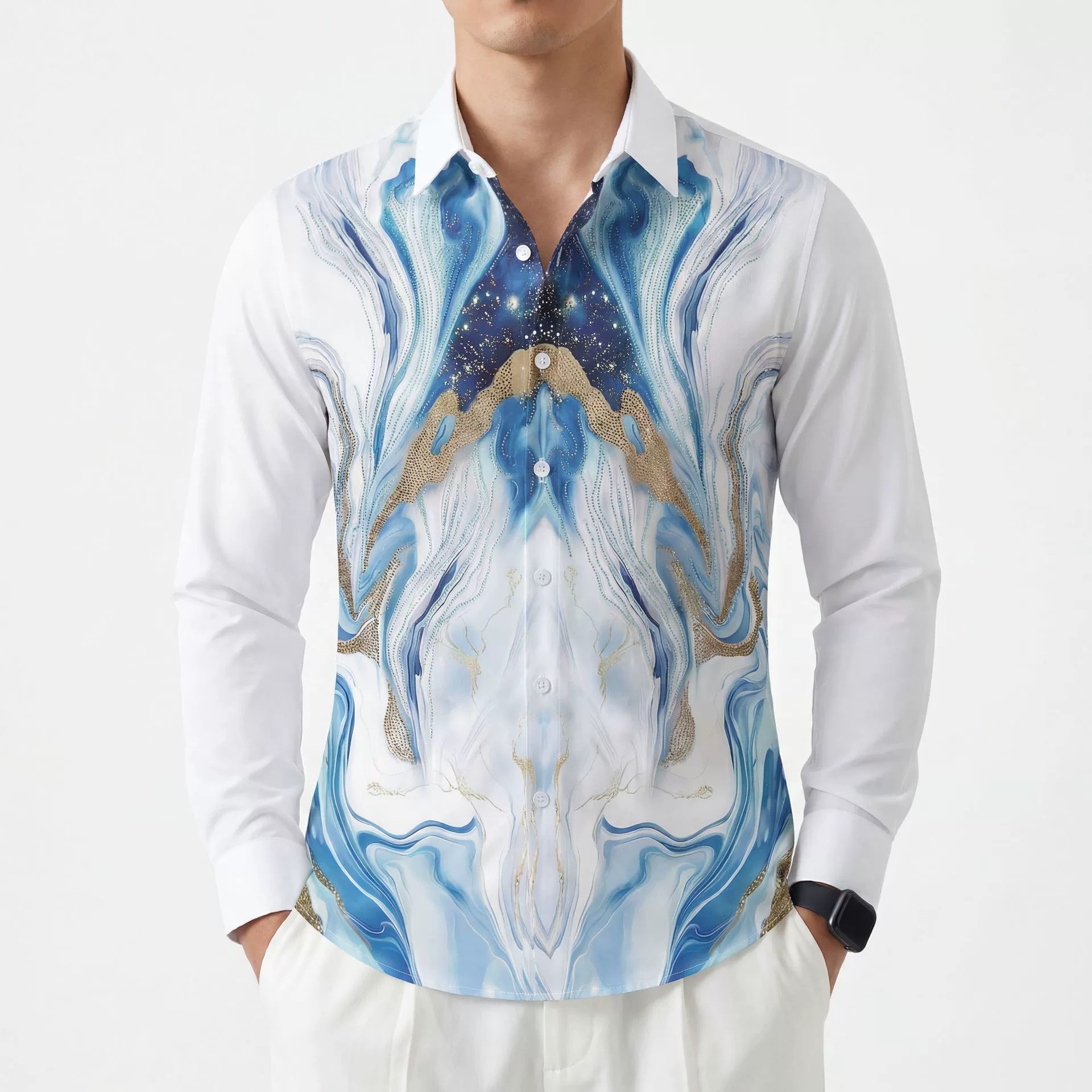 Premium Rhinestone Digital Print Long Sleeve Shirt — wholesale men's shirt from AUTOCNEX