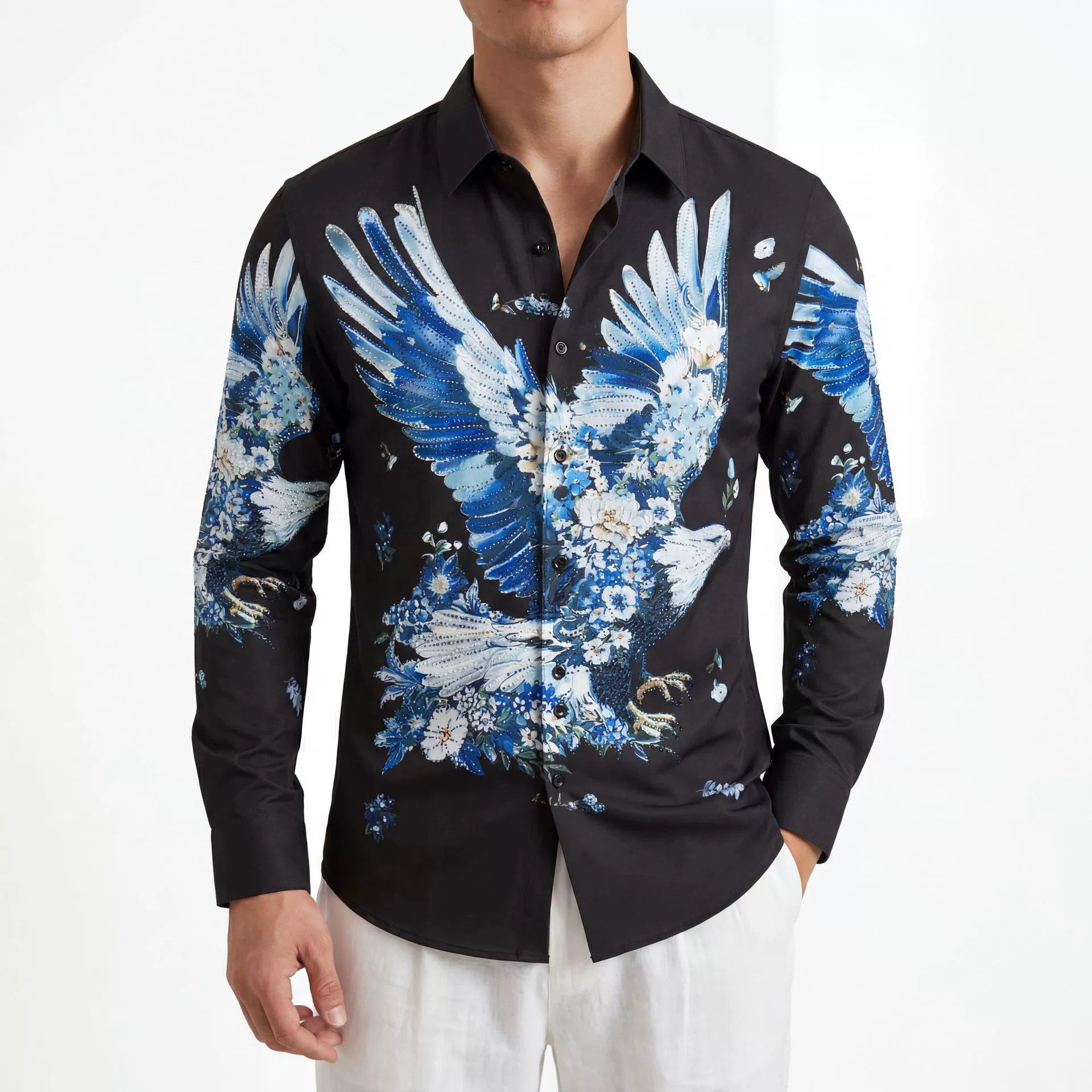 Premium Rhinestone 3D Digital Print Loose Long Sleeve Shirt view 2